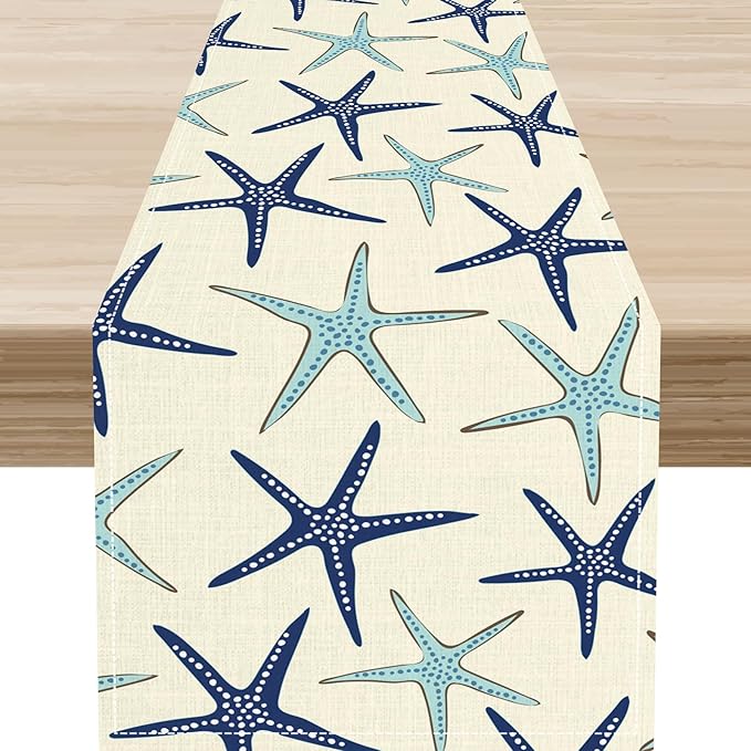 Blue Starfish Table Runner,Nautical Beach Ocean Table Runner Seasonal Holiday Home Kitchen Dining Table for Home Party Decor 13"x72"