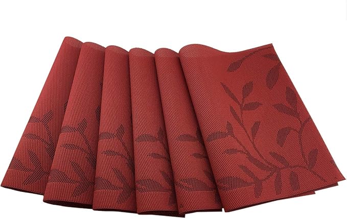 Gugrida Place Mats PVC Set of 6, Table Placemats Set of 6 PVC Table Mats Natural Color (6 pcs, Red Leaves)