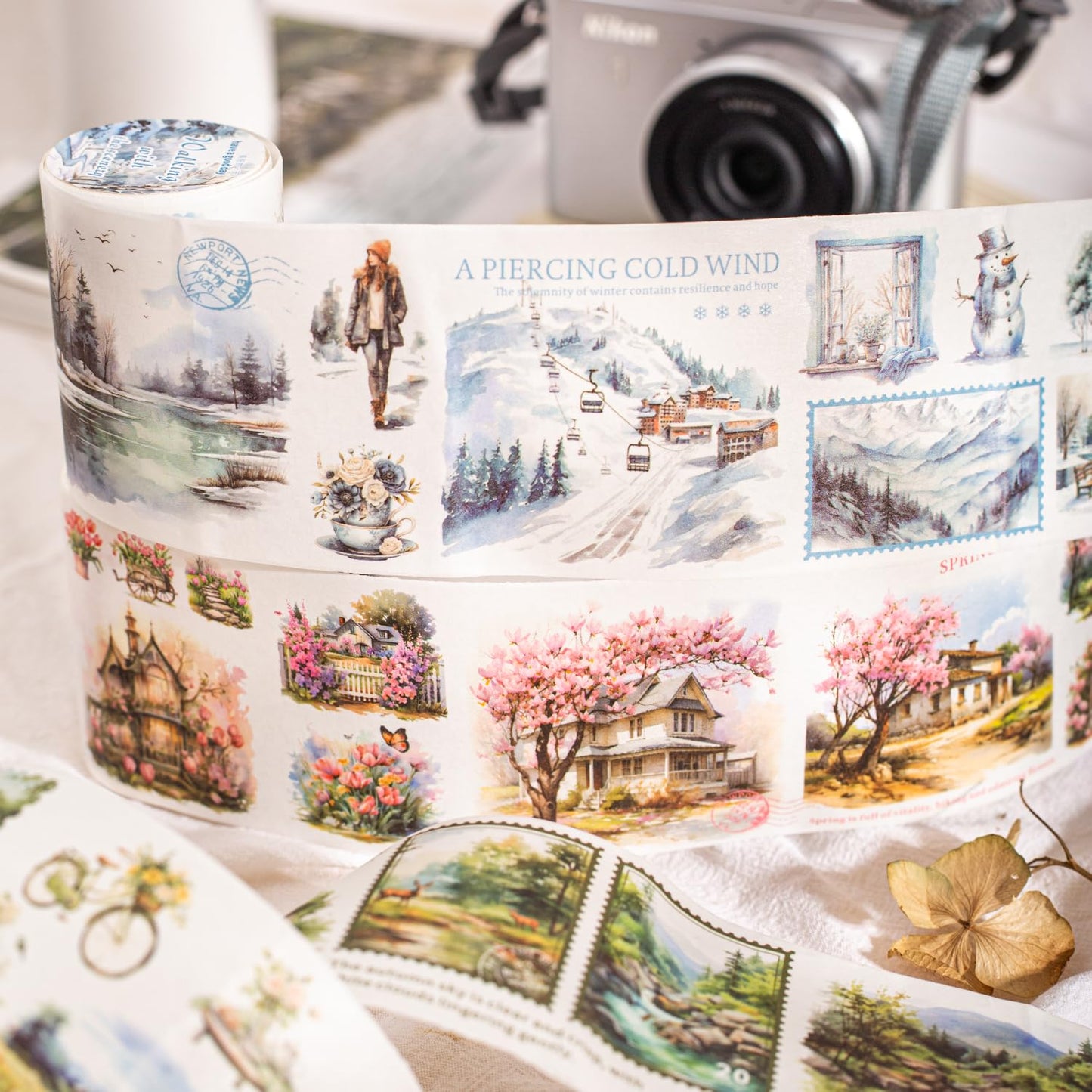 6 Rolls Seasonal Landscape Washi Tape Set, Nature-Inspired Stickers for Journaling, Scrapbooking, and DIY Crafts, with Decorative Clip