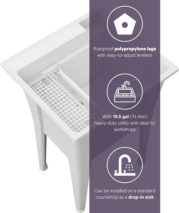 Freestanding Utility Sink with Two Handle Chrome Faucet - 24" Plastic Utility Sink for Garage, Laundry, Indoor and Oudoor Use - Laundry Tub Kit by Noah William Home - White (19.5 gal)