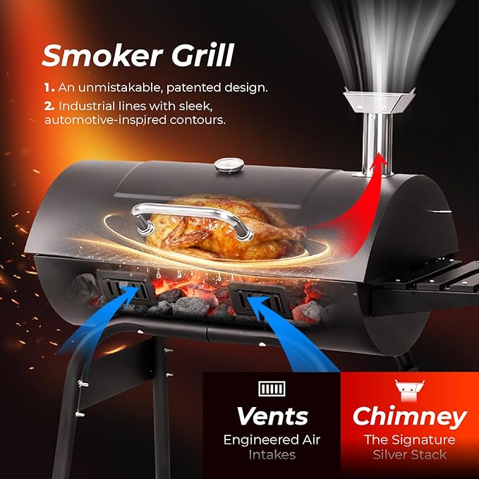 Outvita Barrel Charcoal Grill with Warming Rack, Outdoor BBQ Grill with Side Front Table with Spacious Cooking Grid Area for Backyard Patio Picnic Parties Camping, Black