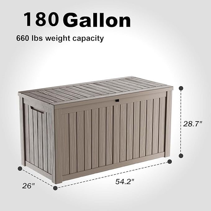 180 Gallon Large Deck Box,Resin Outdoor Storage Box with Lockable for Patio Furniture, Pool Accessories, Garden Tools Waterproof Outside Storage Box, Grey