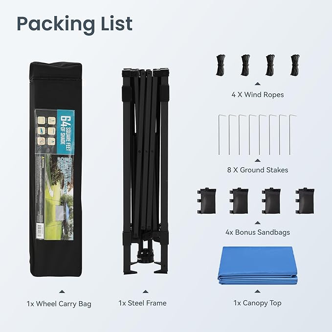 PHI VILLA 8x8ft Pop Up Canopy Tent Instant Portable Shelter One Push Tent Canopy with Wheeled Carry Bag, 4 Weight Bags, Slanted Legs-Blue