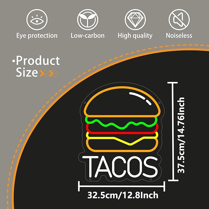 Tacos Neon Sign for Wall Decor, Hamburger Led Signs, Dimmable Neon Light Sign for Restaurant, Snacks, Living Room, Bar Decoration, USB Powered Light Up Signs for Kitchen