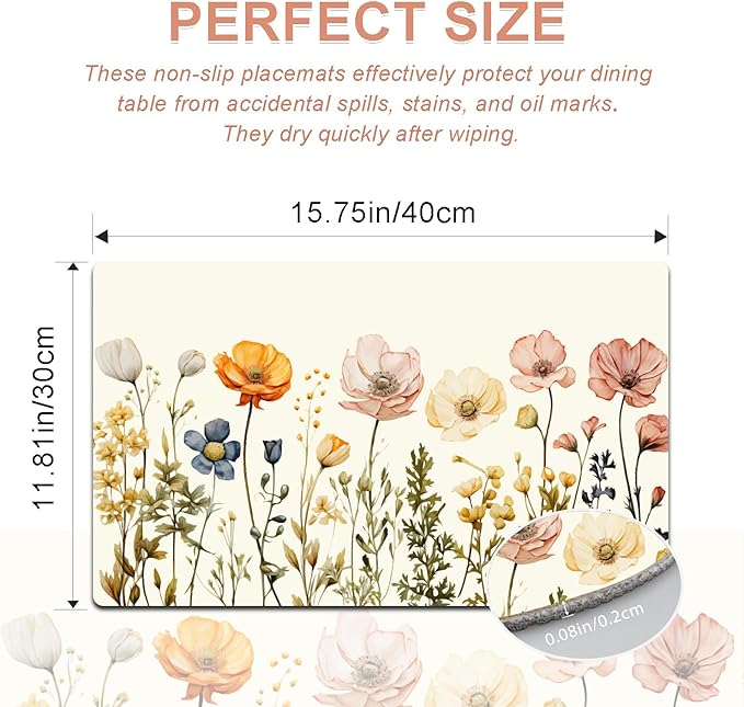 Flower Placemats Set of 4 - Spring Floral Faux Leather Heat Resistant Placemats for Dinner Table, Non-Slip Waterproof Oil-Proof Washable Reusable Placemat for Indoor Outdoor Kitchen, 15.75In*11.81In