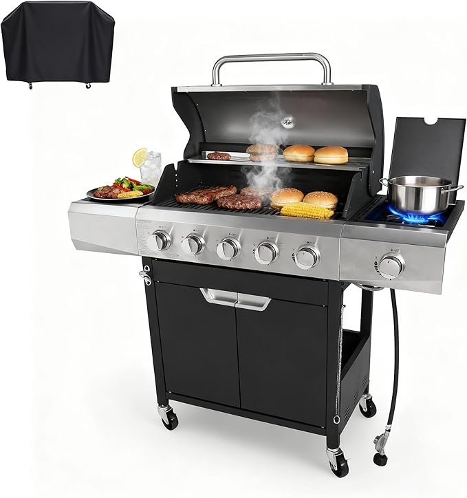 Endark Upgraded 58,500 BTU 5-Burner Stainless Steel Propane Gas Grill – Outdoor BBQ Grill with Side Burner & Porcelain Grates, Barbecue Grill Wheeled for Patio, Garden, Backyard