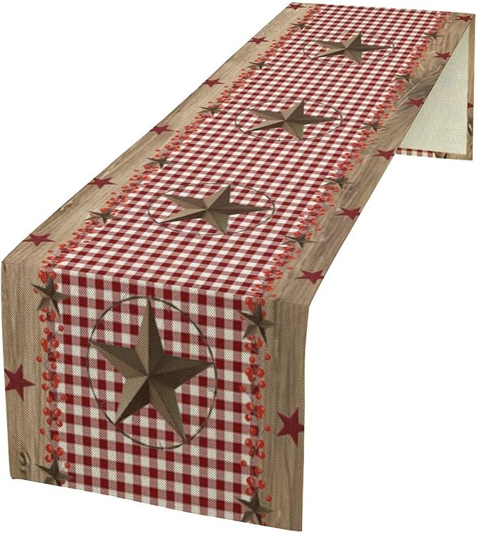 Farmhouse Western Table Runner,Rustic Country Barn Red White Buffalo Plaid Texas Star Berries Print Table Decoration for Kitchen Dining Table Wedding Home Party 13x70in