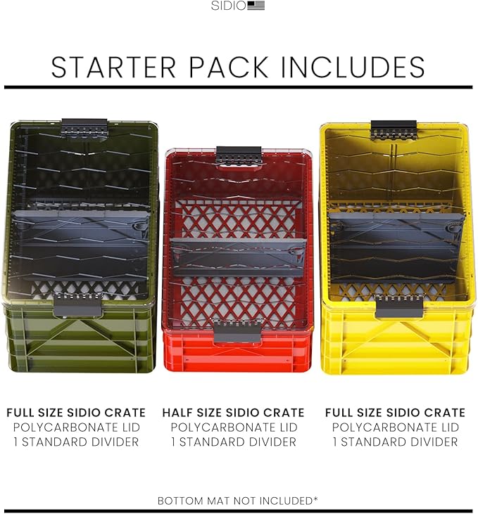 SIDIO CRATE Starter Pack - Two Full Size and One Half Size SidioCrate, Stackable Outdoor Organizer Storage Bins with Clear Lid and Dividers - UTILITY Variety Pack