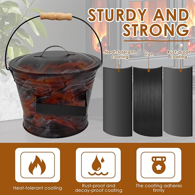 1.5 Gallon Ash Bucket with Lid and Shovel Broom Metal, Fireplace Ash Bucket, Complete Fireplace Tools Set for Fire Pit Grill Black(3 Pcs Set)