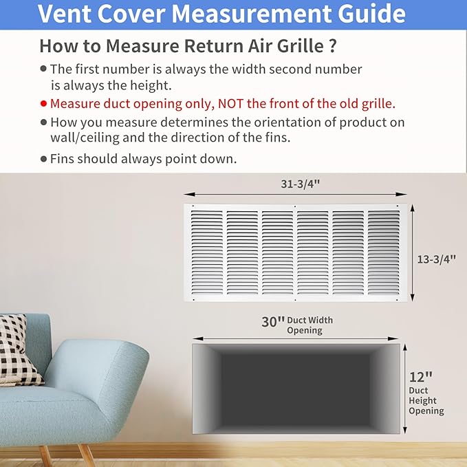 30"W x 12"H [Duct Opening Size] Steel Return Air Grille, Air Return Vent Cover for Ceiling and Sidewall - HVAC Air Vent Covers - [Outer Dimensions: 31.75"W x 13.75"H]