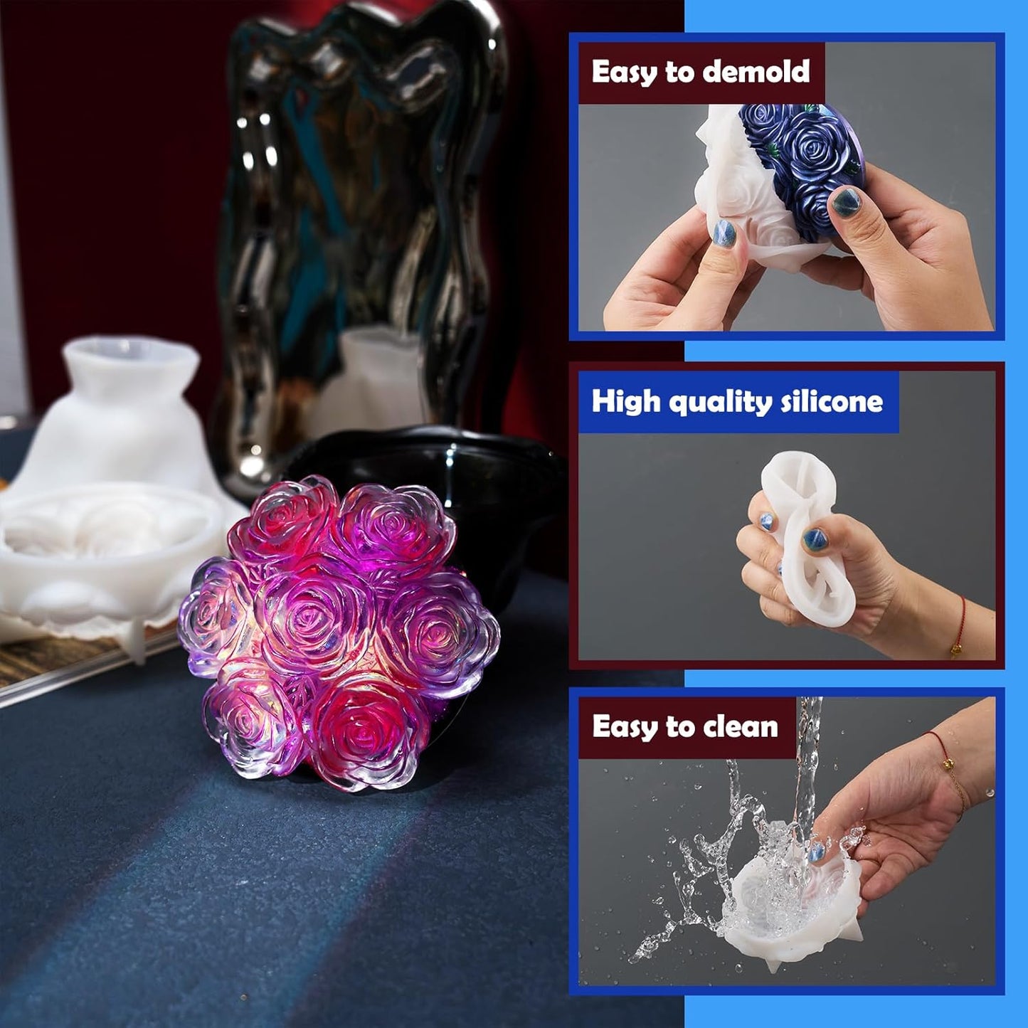 Epoxy Resin Storage Box Silicone Molds A Bouquet of Roses Jar with Lid DIY Jewelry Trinket Candy Container Silicone Mould Epoxy Concrete Cement Plaster Planter Candle Vessel Craft Molds