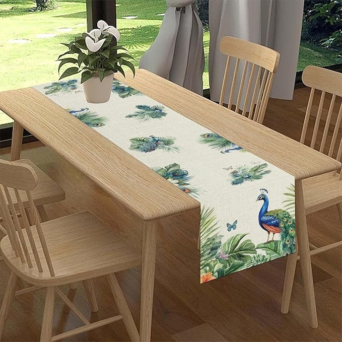 Peacock Table Runner,Traditional Chinese Style Peacock Feather Bird Floral Tropical Leaf Table Center Decor for Home Dining Kitchen Patio Holiday Party Indoor Table Decorations, 13"x108"