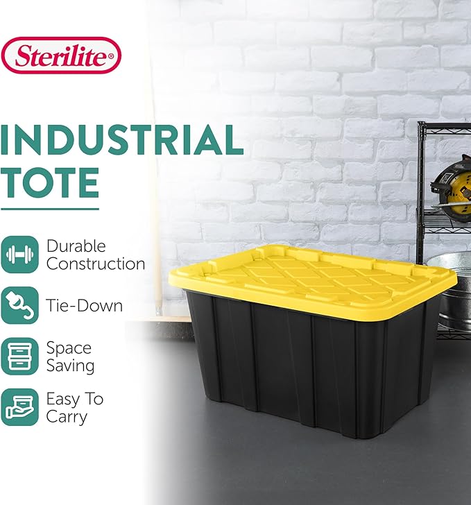 Sterilite 18-Pack Industrial Tote, Plastic Storage Container Bins with Lids, 27 Gallon - Heavy-Duty Organizing Containers for Closet, Bathroom, and Office