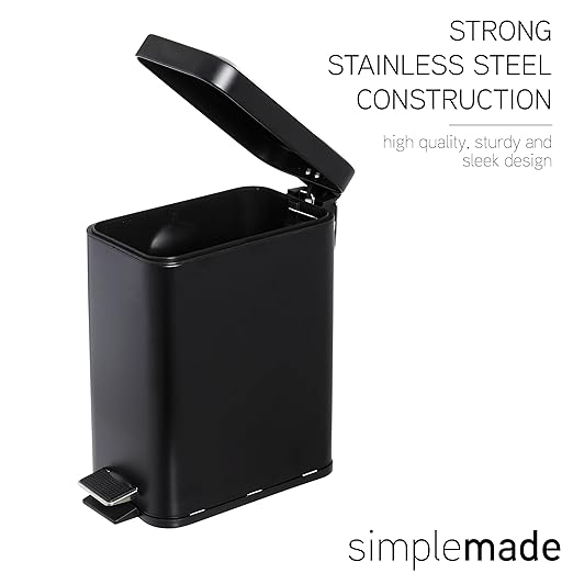 SIMPLEMADE Rectangle Step Trash Can - 5 Liter / 1.3 Gallon - Small with Lid, Stainless Steel for Bathroom | Office | Garbage | Metal Wastebasket (Black)