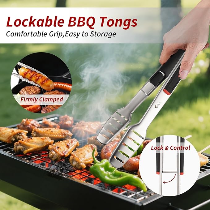 BBQ Tools Set, 4 PCS Heavy Duty Stainless Steel Spatula, Fork, Tongs with Portable Bag, Essential Accessories for Barbecue Outdoor Grill, Grilling Gifts for Men Dad Camp Chef