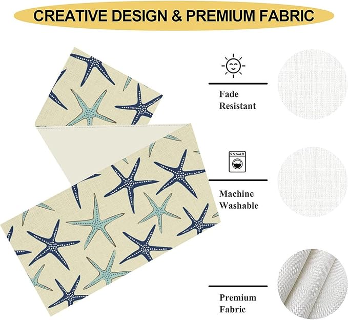 Blue Starfish Table Runner,Nautical Beach Ocean Table Runner Seasonal Holiday Home Kitchen Dining Table for Home Party Decor 13"x90"