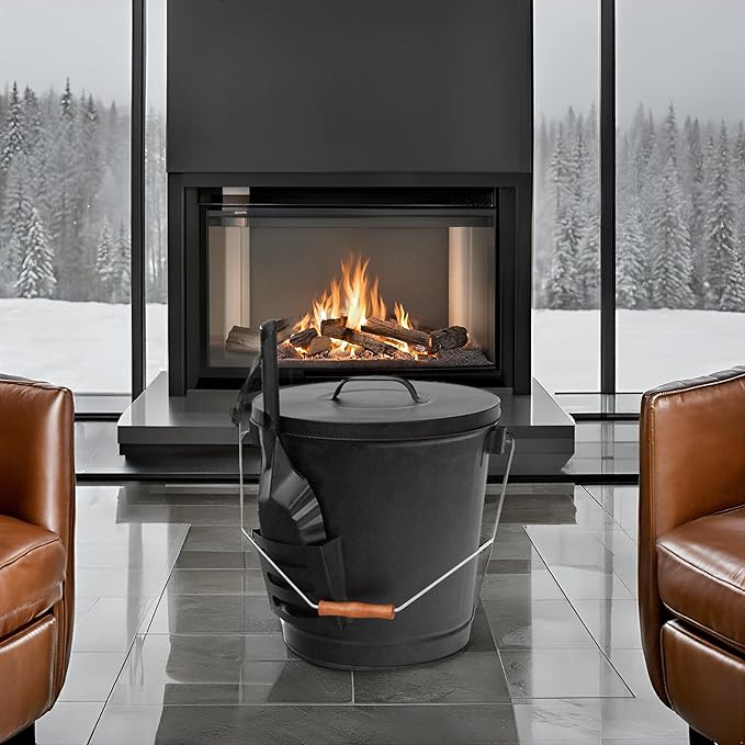 F2C 5.5 Gallon Large Ash Bucket with Lid and Shovel Fireplace Tool Set,Galvanized Metal Coal and Hot Ash Pail for Fireplace, Fire Pits, Wood Burning Stoves, Grill, Outdoor,Home Black