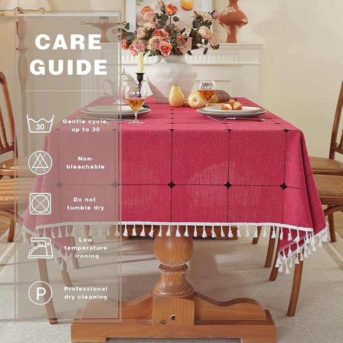 Pahajim Rustic Linen Tablecloth Cotton Rectangle Table Cloth for Kitchen Dining with Tassel Plaid Waterproof Tablecloths Rectangle/Oblong,55''x87'', 6-8 Seats