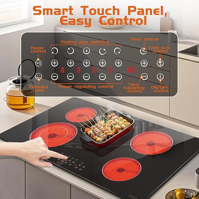 Noxton 36 Inch Electric Cooktop 5 Burner Electric Stove Top, Built-in Radiant Ceramic Cooktop with Extended Zone, Sensor Touch Control, Child Safety Lock, Timer, Pause, 8400W 240V Hard Wire