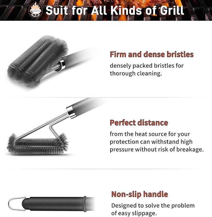 BBQ Grill Cleaning Brush, Heavy Duty Grill Cleaning Brush for Outdoor Grill, 3-Branch Stainless Steel Bristles Cleaner for Easier and Effective Clean, BBQ Tools for Gas/Charcoal Grilling Grates