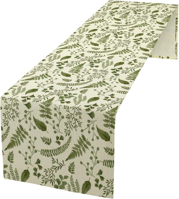 Green Leaves Table Runner,Spring Summer Herbs Botanical Natural Plants Print Table Runner for Kitchen Dining Table Farmhouse Home Party Decor 13x108in