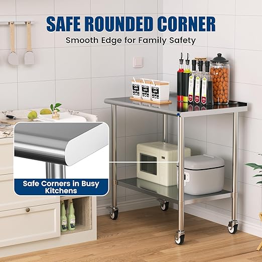 Stainless Steel Work Table with Wheels, 24x48 Inch NSF Food Prep Table with Backsplash & Adjustable Undershelf for Commercial Kitchen, Restaurant, Garage