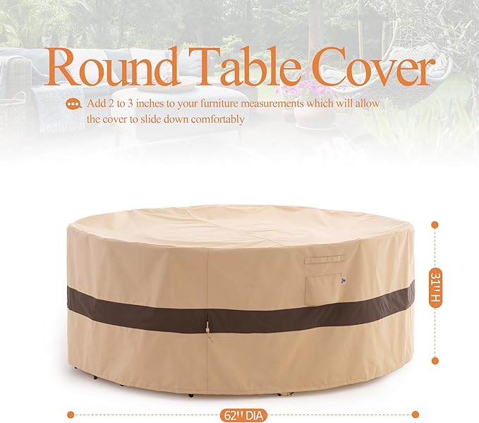WJ-X3 Round Patio Furniture Cover, 62" D x 31" H, Waterproof, UV Resistant, Anti-Fading Outdoor Cover for Round Dining Table and Chairs Set, Beige & Coffee