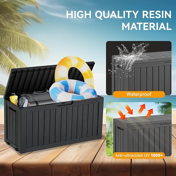 Outdoor Storage Box, Resin Deck Boxes Outdoor Waterproof For Patio Furniture, Garden Tools, Pool Supplies, Durable And UV Resistant, Lockable (72 Gallon, Black)