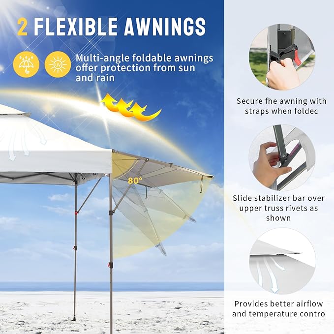 CROWN SHADES 10x10 Pop Up Canopy Tent with Patented Center Lock, 150D Silver Coated Fabric, 2 Extendable Awnings, Instant Commercial Canopy with 4 Weight Bags, Ropes, Stakes & Wheeled Carry Bag, White