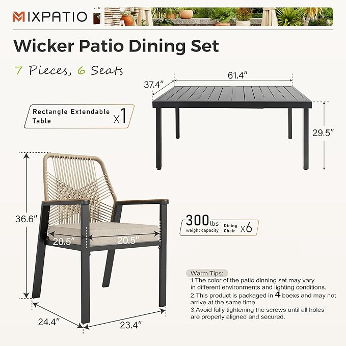 7 Pieces Outdoor Dining Set for 6, Patio Dining Set Wicker Rattan Chairs with Soft Cushion and Extendable Rectangular Table, Wicker Patio Table and Chairs for Backyard Porch