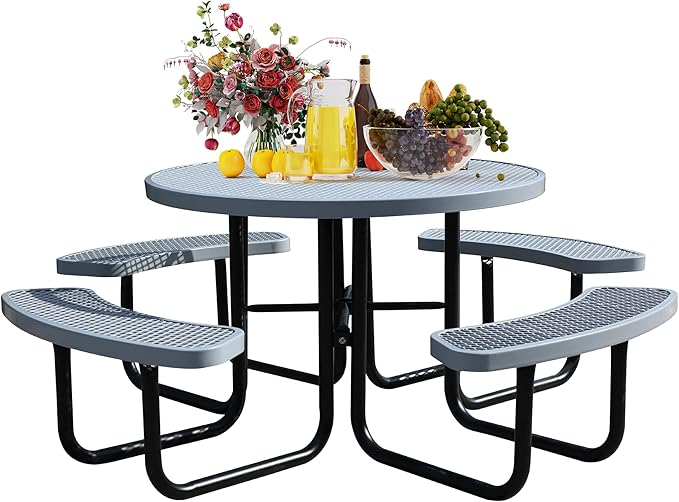 46'' Round Metal Picnic Table for Outdoors, Commercial Steel Metal Picnic Tables, Heavy Duty Sturdy Picnic Tables Furniture Set for Patio Garden Courtyard BBQ, with Umbrella Hole, Grey