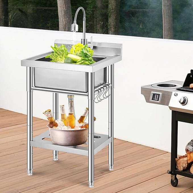Stainless Steel Utility Sink, Free Standing Single Bowl Kitchen Sink, Adjustable Leg Height, w/Faucet,Hot and Cold Water Pipes,Commercial Laundry Tub,Hook,Storage Shelf for Indoor Outdoor Farmhouse