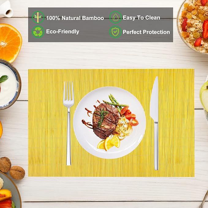 ANDSTAR Set of 8 Pcs Bamboo Placemats Natural Anti-Slip Bamboo Placemats Washable Heat-Resistant Table Mats for Dining Room and Kitchen（Yellow）
