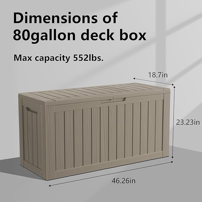 80 Gallon Outdoor Storage Box – Resin Deck Box with Lockable Lid, Waterproof Patio Furniture Storage for Tools, Garden & Yard Organization (Grey)