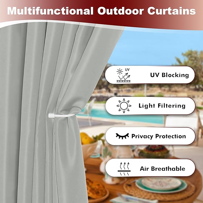 HolidayIdeas Grommet Outdoor Curtains for Patio Waterproof 8 Pcs All Weather Balcony Outside Curtains for Apartments, Gazebo, Pergolas, Porch, 54x120 Inch, Silver Grey