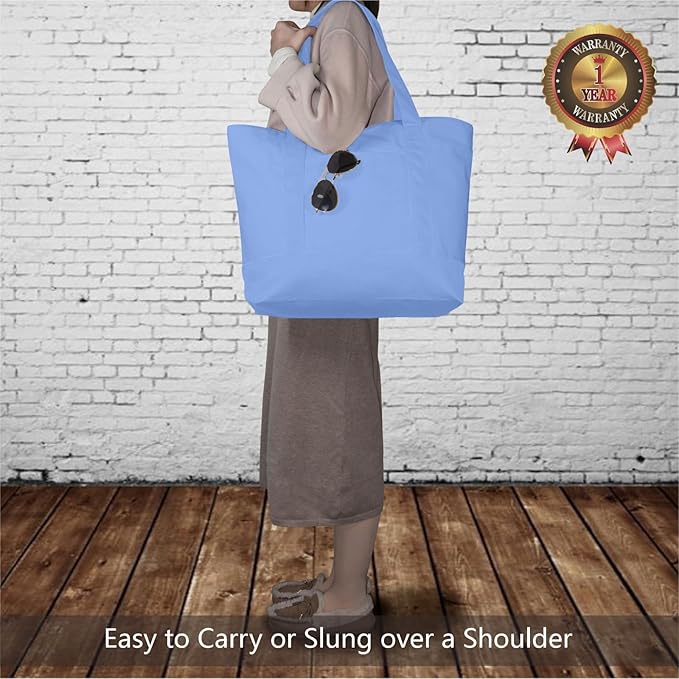 TOPDesign 3-Pack Canvas Tote Bags with an External Pocket, Reusable Grocery Shopping Bags, Top Zipper Closure, Daily Essentials (Light Blue)
