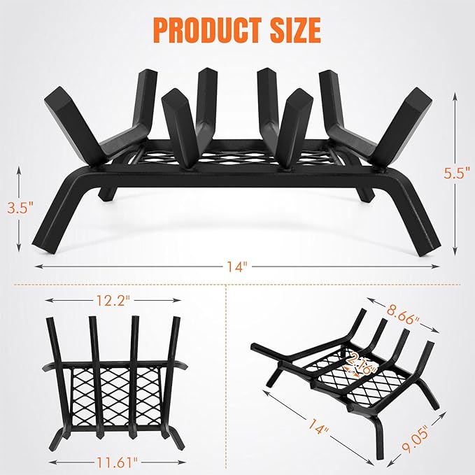 Fireplace Grates with Ember Retainer - 14 Inch Fireplace Log Grate, Wood Stove Grate, Firewood Wood Log Holder Rack,Inside Wrought Cast Iron Fire Grate for Hearth Indoor Outdoor Camping