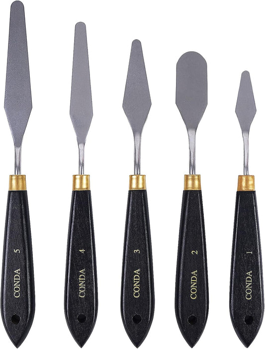 conda Palette Knife Painting Stainless Steel Spatula Palette Knife Oil Paint Metal Knives Wood Handle (Black 5 Piece)