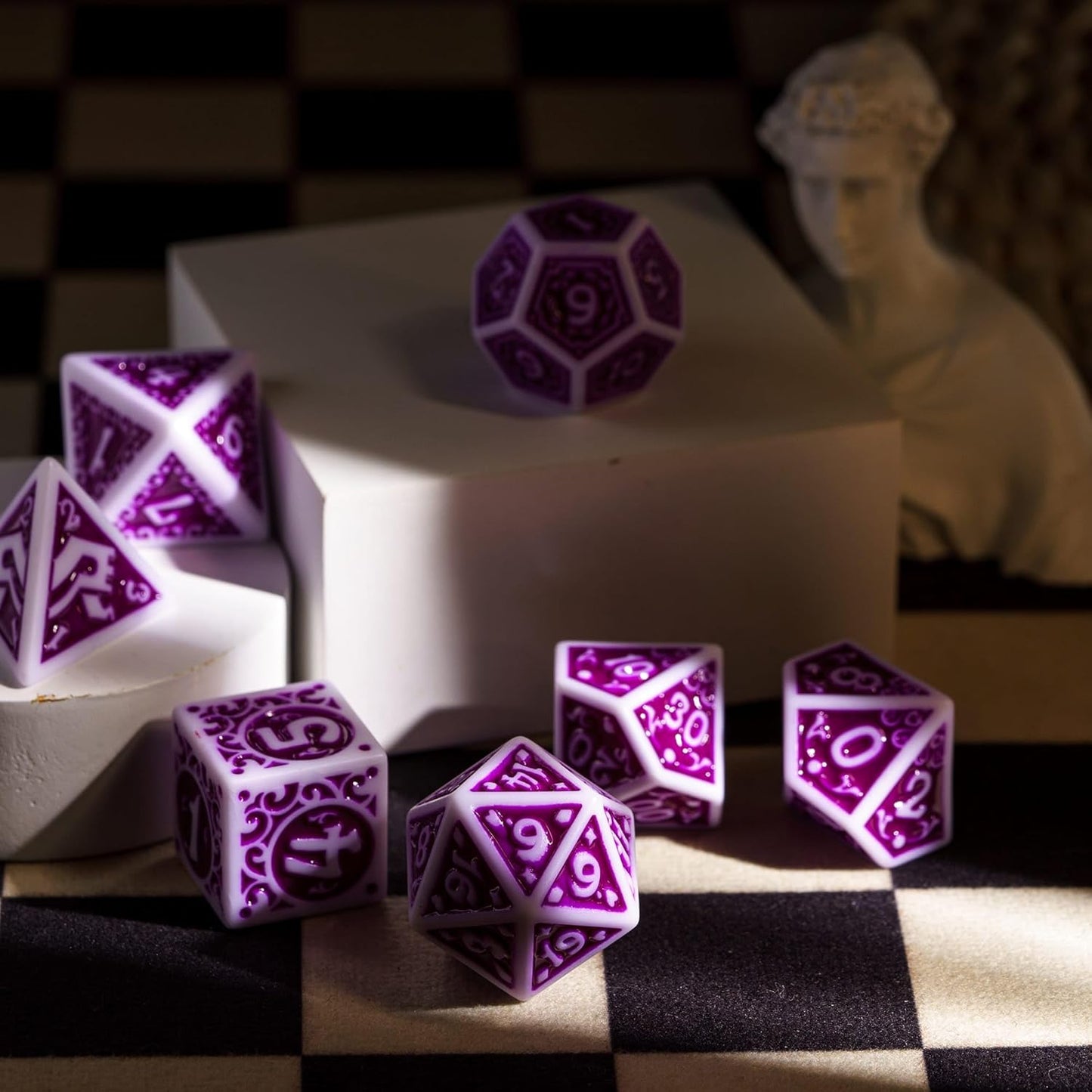 7-Die DND Dice Set New Pattern Polyhedral Dice Set with Leather Bag D&D Die for RPG Table Games(White Purple)