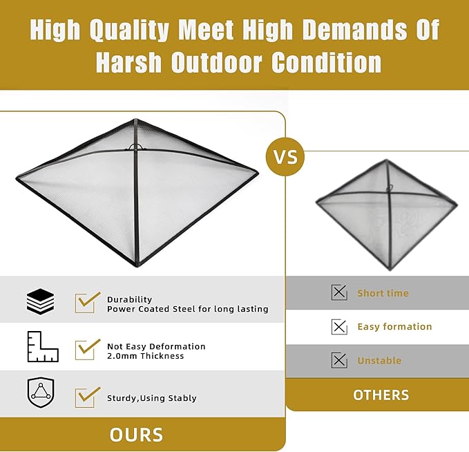 WeCooper 32Inch Heavy Duty Fire Pit Spark Screen Cover, Steel Mesh Square Firepit Screen, Fire Pit Ember Guard with FirePit Poker