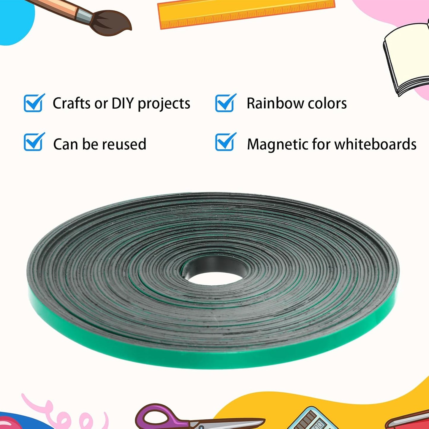 Magnetic Tape Roll Thin Strips, 0.39 Inch x 66 Feet Magnetic Board Dividers Whiteboard Graphic Decorative Tape Marking Line for Classroom Office Art Accessories(Green)