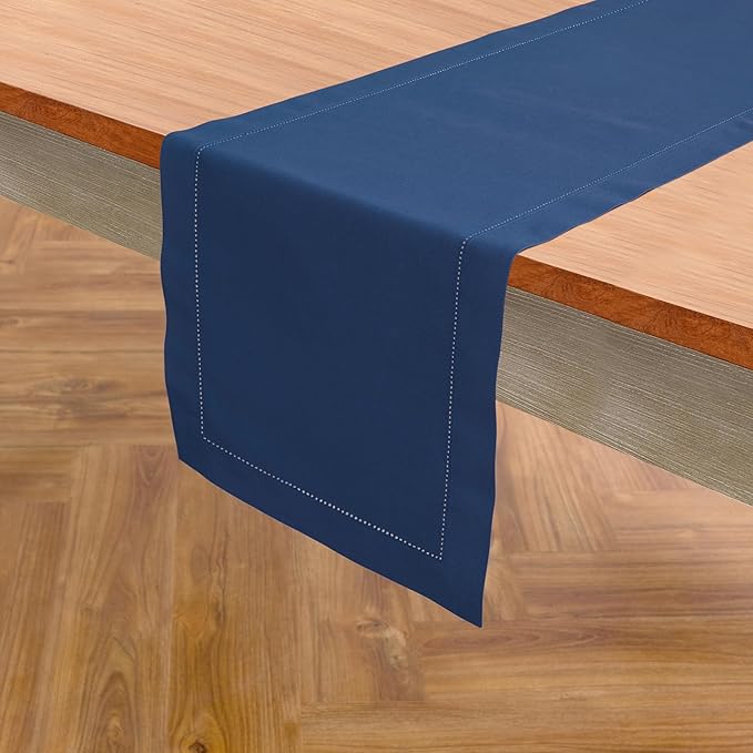 Solino Home Cotton Linen Table Runner 48 Inches - Lapis Blue Hemstitch Table Runner 14 x 48 Inch Ideal for Dresser and Coffee Tables - Winter