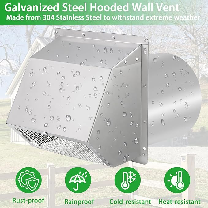 12 Inch Hooded Wall Vent with Screen and Damper,Outdoor Wall Exhaust Vent Cover Cap for Exterior HVAC Duct Industrial Facilities Kitchen Range Hood Dryer Ventilation and Air Exhaust,Stainless Steel