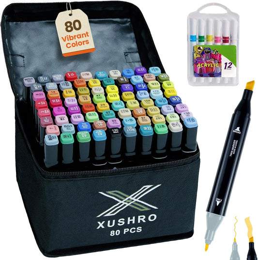 80-Piece Dual Tip Alcohol Markers Set with 12 Free Acrylic Paint Markers - No Bleed, Vibrant Colors for Drawing - Fine & Chisel Tips with Organizing Case - Blending Markers for Adults & Kids