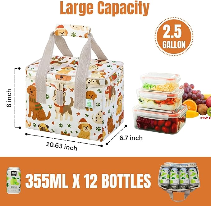 VENO 2 Pack Christmas Insulated Lunch Bag, Heavy Duty Insulated Grocery Bags, Small Cooler with Water-Resistant PP Exterior for Work, Picnic, Travel, Easy-Clean (Holiday Pups, 2 Pack)