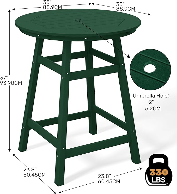 Costaelm Patio Bistro Table, 37" Counter Height Round Patio Cocktail Bar Table with Umbrella Hole, Outdoor Bistro Dining Pub Table for Front Porch Deck Backyard Garden, Dark Green