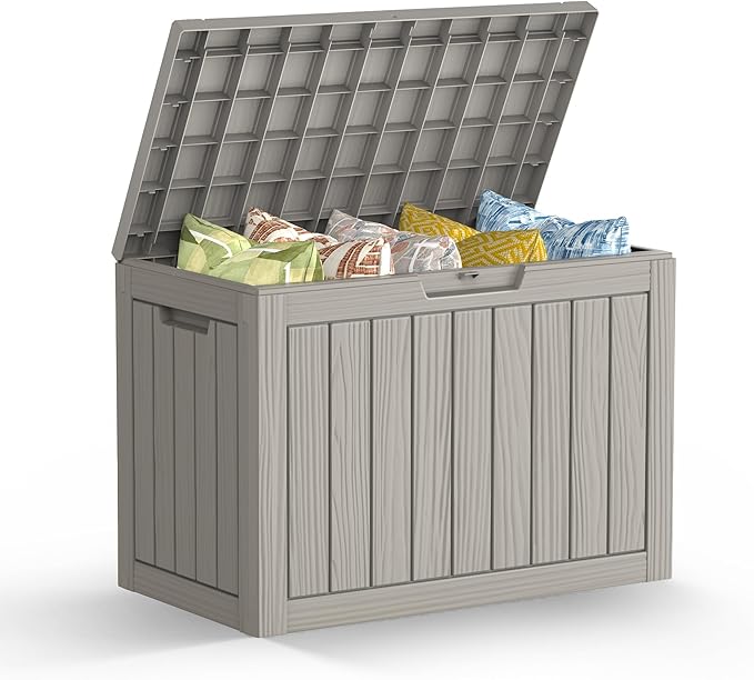 Mars Villa 45 Gallon Deck Box, Waterproof Weatherproof and UV Resistant Resin Deck Storage Box, Ideal for Indoor, Outdoor, Patio Furniture Pillows, Pool Supplies, Gardening Tools, Greige