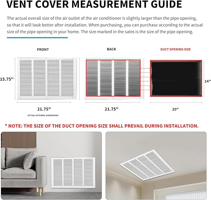 Vent Cover 20 x 14(Duct Opening Size),Air Return Vent Cover,Flat Vent Cover,Rejillas De Aire Acondicionado para Casa,Return Air Grilles,Outer Dimensions:21.75"Wx15.75"H(20"W x 14"H, Duct Opening)