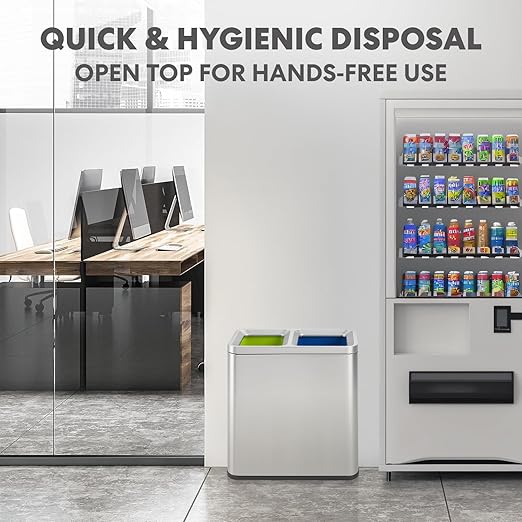 70 Liter / 18.5 Gallon Rectangular Open Top Dual Compartment Recycling Trash Can, Stainless Steel (40L x 30L Capacity) Ideal for Restaurants, Coffee Shops, Gym and Households