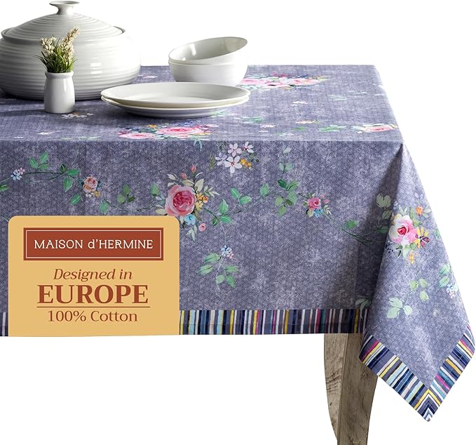 Maison d' Hermine Table Cloth Rectangle Table 100% Cotton 60 x 90 Inches Tablecloth for Dining Room, Farmhouse, Home, Party, Festive & Wedding Spring Summer - Sweet Rose Lavender - Country Garden